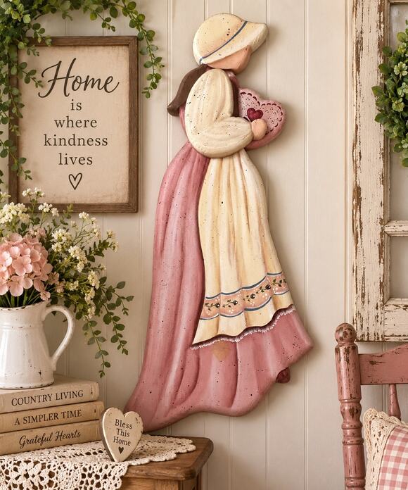 Unknown Other - Large Country Folk Art Girl Wall Hanging Heart Bonnet Pink Cottagecore Decor 21”